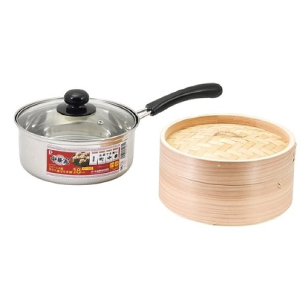 中華家　ステンレス製　ガラス蓋付片手鍋１８ｃｍ（せいろ付）の写真